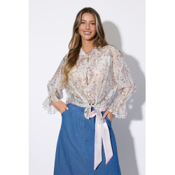 Kwiatowa koszula z wiązaniem i falbanami na rękawach