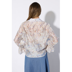 Kwiatowa koszula z wiązaniem i falbanami na rękawach