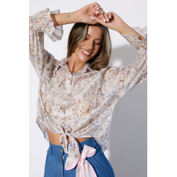 Kwiatowa koszula z wiązaniem i falbanami na rękawach