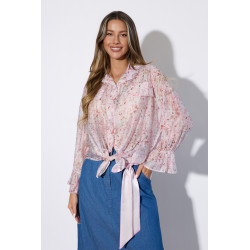 Kwiatowa koszula z wiązaniem i falbanami na rękawach