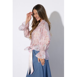 Kwiatowa koszula z wiązaniem i falbanami na rękawach