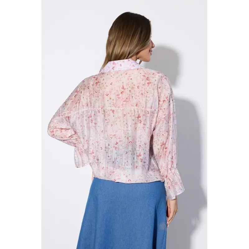 Kwiatowa koszula z wiązaniem i falbanami na rękawach
