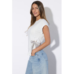 Bluzka z krótkim rękawem i ozdobnym wiązaniem z wzorem paisley