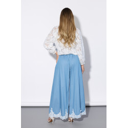 Spodnie palazzo z haftowanym dołem i wiązaniem
