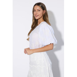 Bluzka boho z haftem w palmy i bufiastymi rękawami