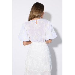 Bluzka boho z haftem w palmy i bufiastymi rękawami