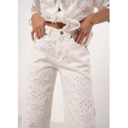 Jeansowe spodnie ażurowe z szeroką nogawką