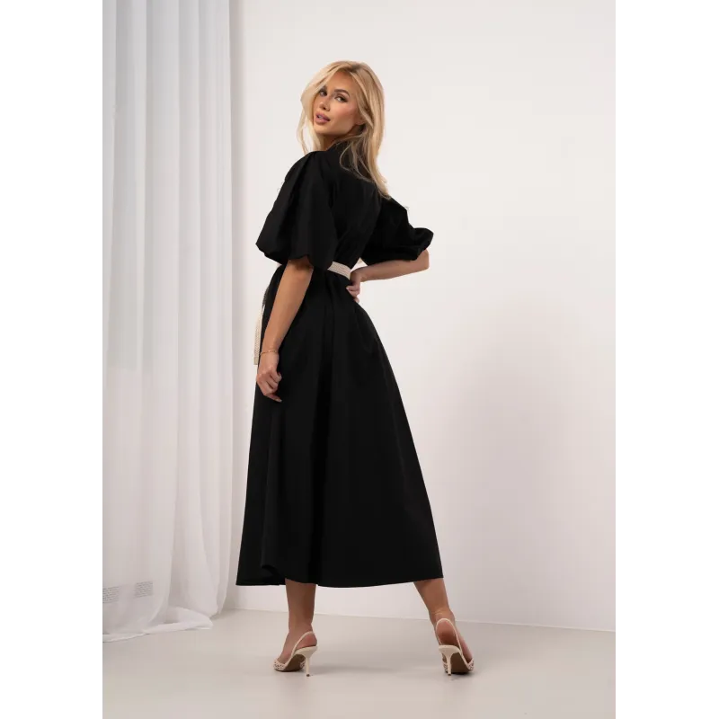 Sukienka koszulowa z paskiem i bufiastymi rękawami