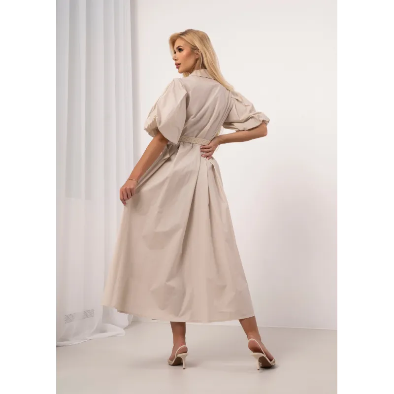 Sukienka koszulowa z paskiem i bufiastymi rękawami