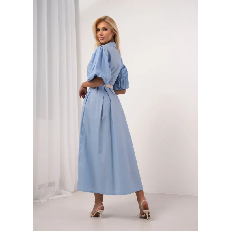 Sukienka koszulowa z paskiem i bufiastymi rękawami