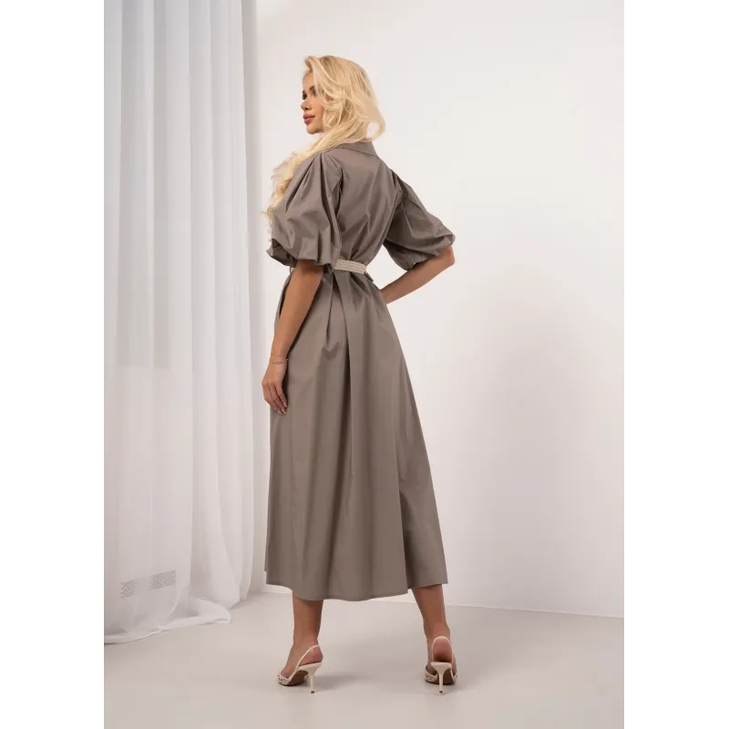 Sukienka koszulowa z paskiem i bufiastymi rękawami