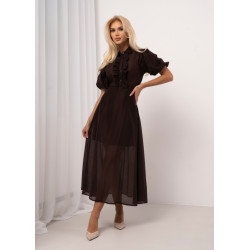 Sukienka midi z żabotem i bufiastymi rękawami