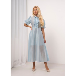 Sukienka midi z żabotem i bufiastymi rękawami