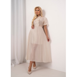 Sukienka midi z żabotem i bufiastymi rękawami