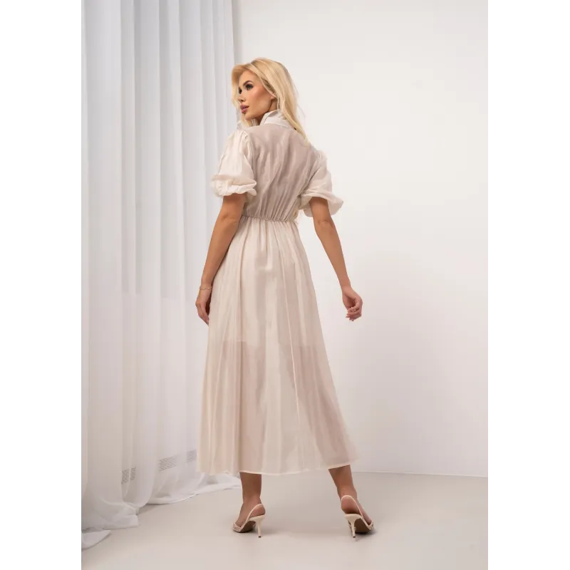 Sukienka midi z żabotem i bufiastymi rękawami