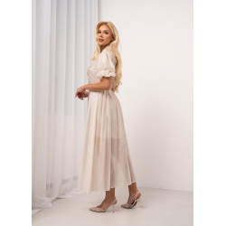 Sukienka midi z żabotem i bufiastymi rękawami