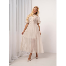 Sukienka midi z żabotem i bufiastymi rękawami