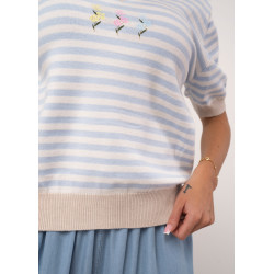 Dzianinowy sweter w paski z aplikacją kwiatową