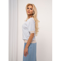 Dzianinowy sweter w paski z aplikacją kwiatową