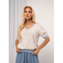 Dzianinowy sweter w paski z aplikacją kwiatową