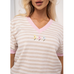 Dzianinowy sweter w paski z aplikacją kwiatową