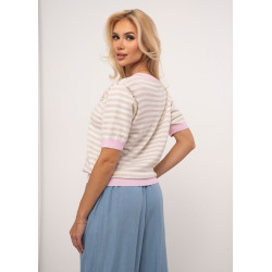 Dzianinowy sweter w paski z aplikacją kwiatową