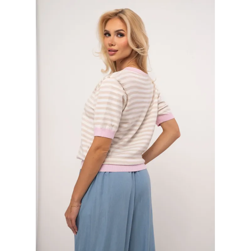 Dzianinowy sweter w paski z aplikacją kwiatową