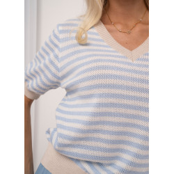 Ażurowy sweter w paski z krótkim rękawem