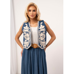 Krótka kamizelka denimowa z haftem w stylu boho