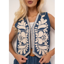 Krótka kamizelka denimowa z haftem w stylu boho