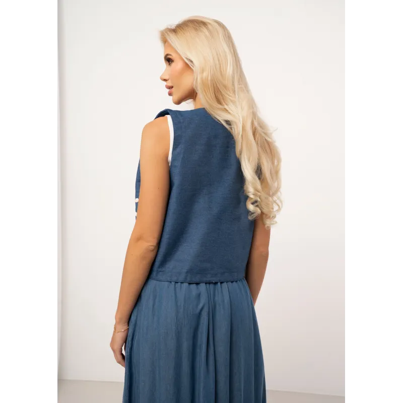 Krótka kamizelka denimowa z haftem w stylu boho