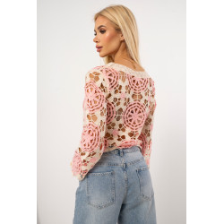 Krótka bluzka ażurowa z motywem kwiatowym