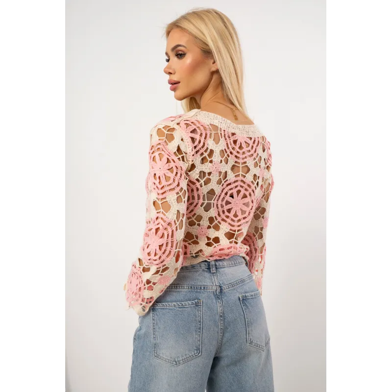 Krótka bluzka ażurowa z motywem kwiatowym