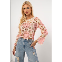 Krótka bluzka ażurowa z motywem kwiatowym