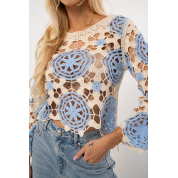 Krótka bluzka ażurowa z motywem kwiatowym