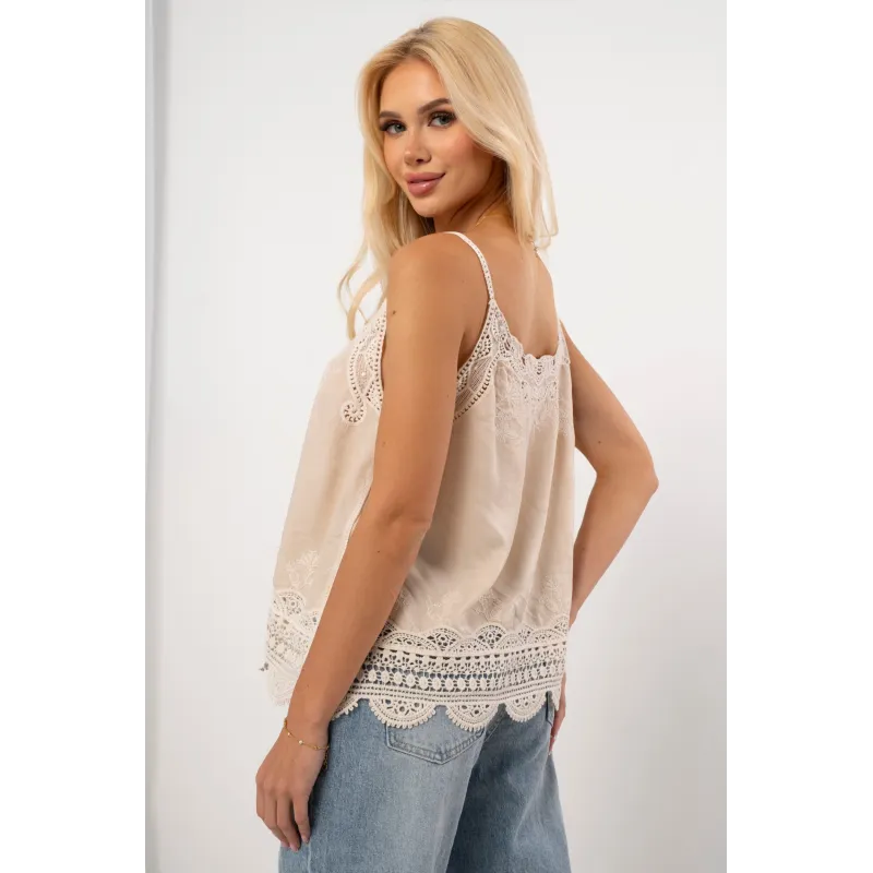 Top na ramiączkach z haftem i falbanką