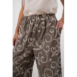 Lniane spodnie na gumce z haftem paisley