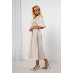 Lniana sukienka midi z haftem i bufiastymi rękawami