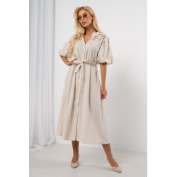 Lniana sukienka midi z haftem i bufiastymi rękawami