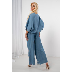 Komplet denim bluzka i spodnie z haftem kwiatowym | Hurt odzieży włoskiej
