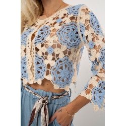 Krótki ażurowy sweter typu crop z motywem kwiatowym | Hurtownia odzieży z Włoch