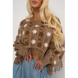 Krótka ażurowa bluzka z kwiatami i frędzlami | Hurtownia damskiej odzięzy włoskiej