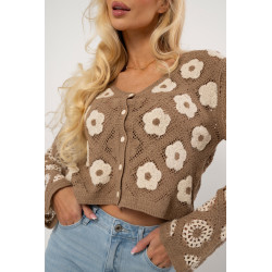 Ażurowy sweter o kroju crop z haftowanymi kwiatami | Hurtownia odzieży damskiej do butiku
