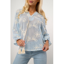 Bluzka z siateczki z kwiatowym haftem i wiązaniem