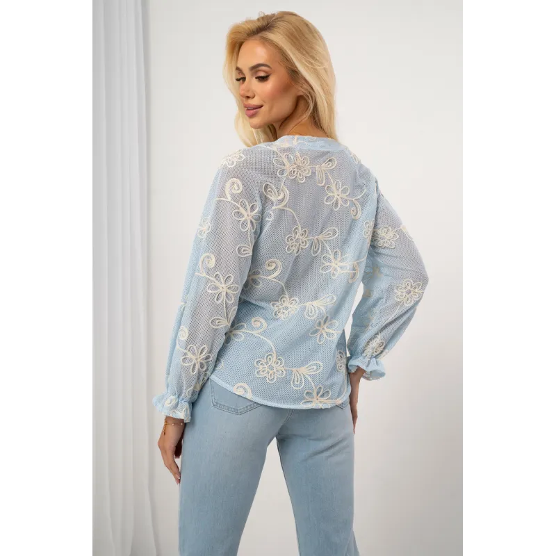 Bluzka z siateczki z kwiatowym haftem i wiązaniem