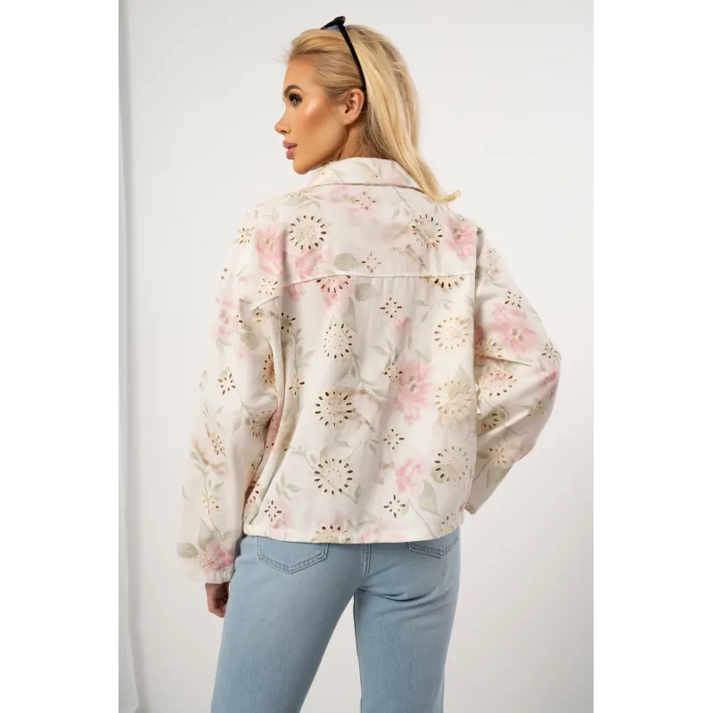 Krótka kurtka w pastelowe kwiaty z haftem