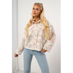 Krótka kurtka w pastelowe kwiaty z haftem