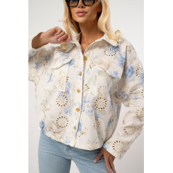 Krótka kurtka w pastelowe kwiaty z haftem