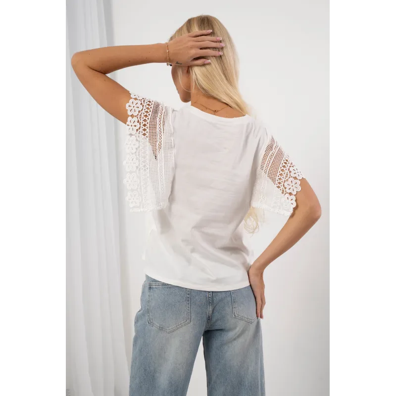 Bluzka z ozdobnymi rękawami z gipiury | Hurtownia odzieży z Włoch