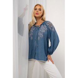 Koszula jeansowa z haftowaną gipiurą i bufiastymi rękawami | Hurtownia odzieży damskiej online